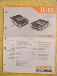 Sony TC-92 Model Usa Cassette-corder Service Manual W/ Parts Llist. Fixed Price $12.00.