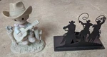 Western Cowboy Statue Metal Iron Cutout Candle Holder & 1987 Ceramic. Fixed Price $19.99.